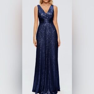 David's Bridal Navy Sequin V-Neck Prom Dress